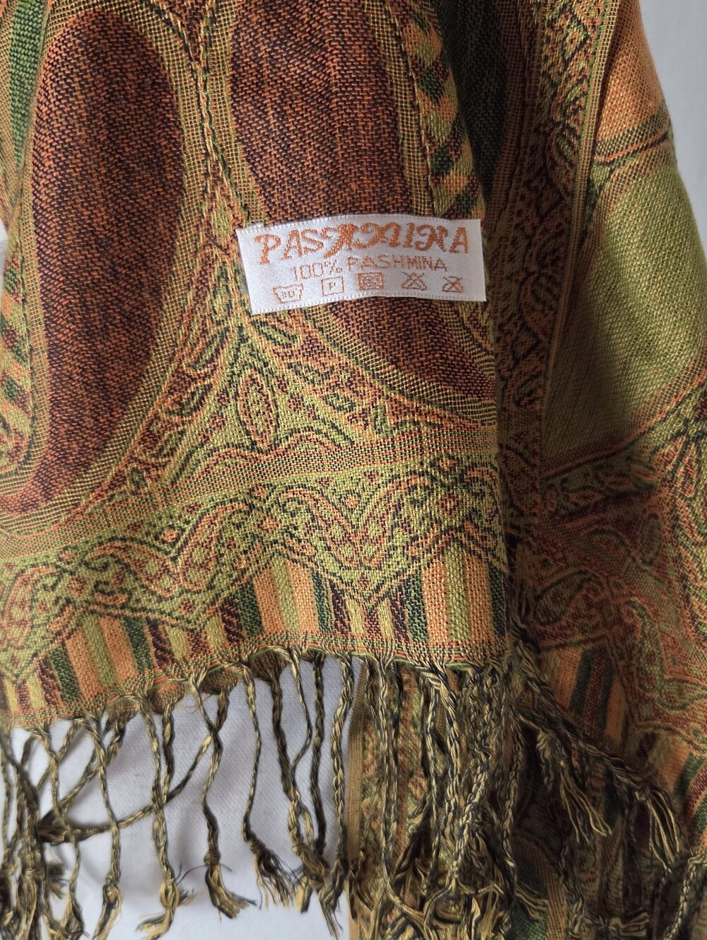 Pashmina cashmere wool and silk paisley print fringe scarf wrap sz 28x72 - Picture 6 of 9